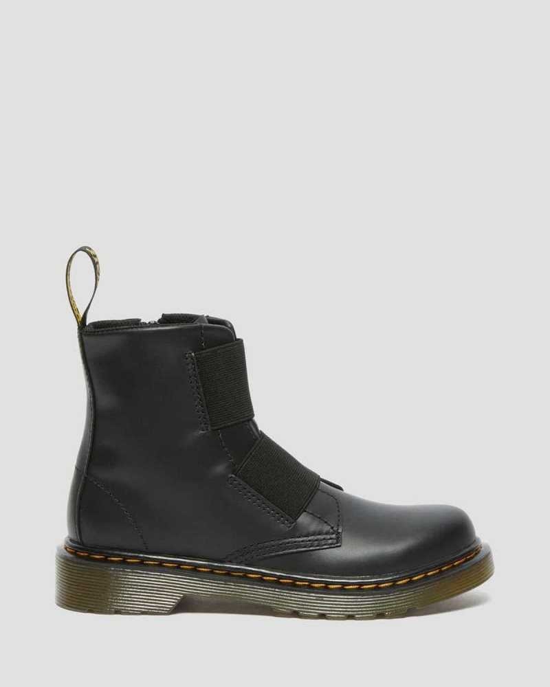 Dr Martens Junior 1460 Elastic Leather Lace Up Boots Black | 19NSKEOAZ