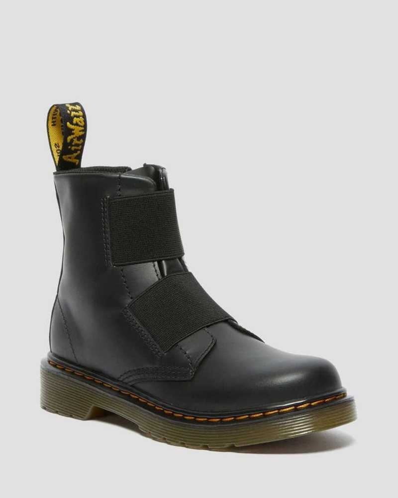 Dr Martens Junior 1460 Elastic Leather Lace Up Boots Black | 19NSKEOAZ