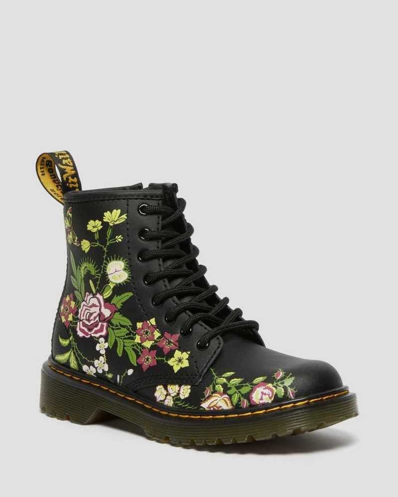 Dr Martens Junior 1460 Floral Leather Lace Up Boots Black | 20EUNCRZV