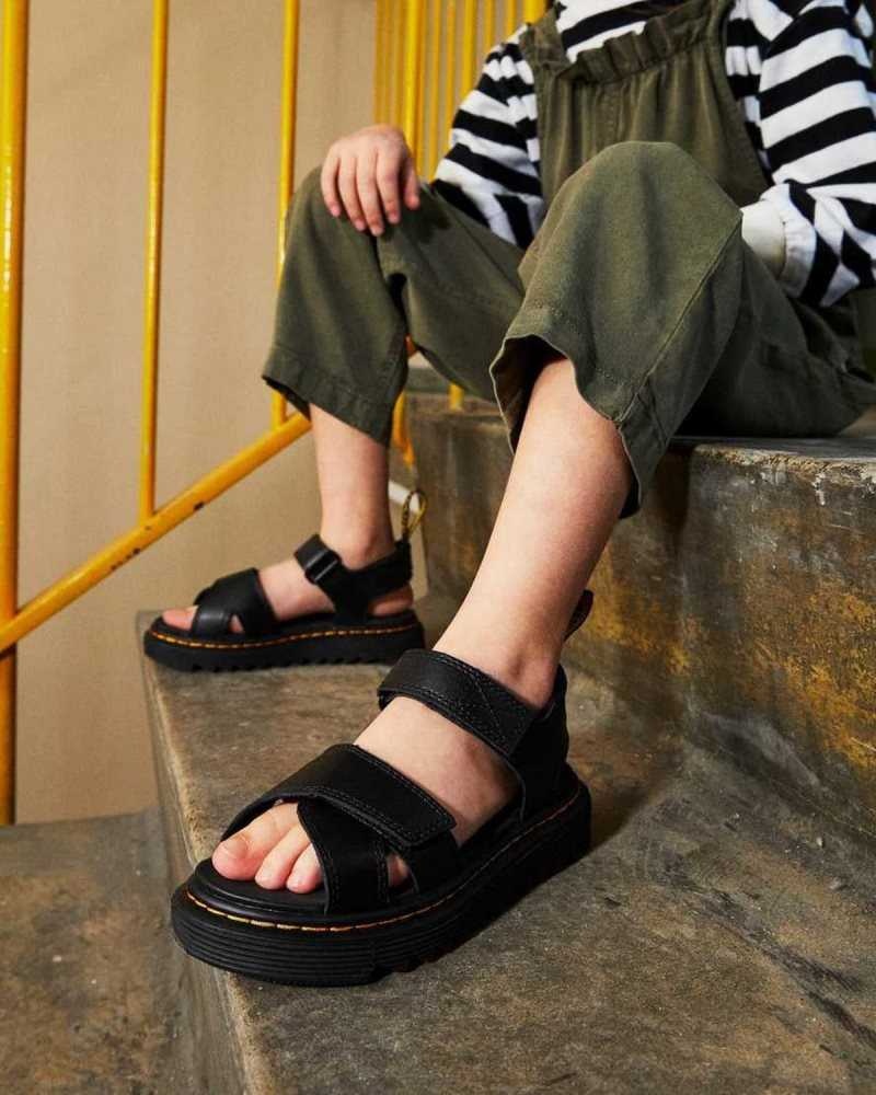 Dr Martens Junior Vossie Leather Sandals Black | 87OPNGJIY