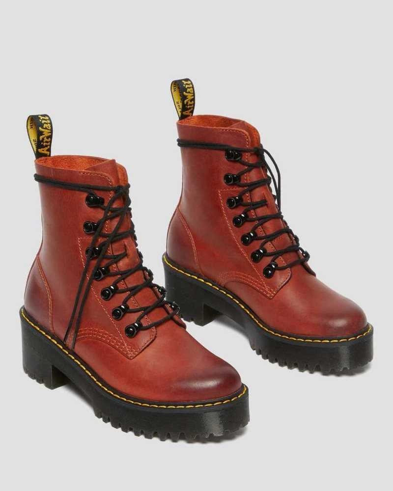 Dr Martens Leona Wyoming Leather Platform Heeled Boots Dark Red | 73CLYGKWB