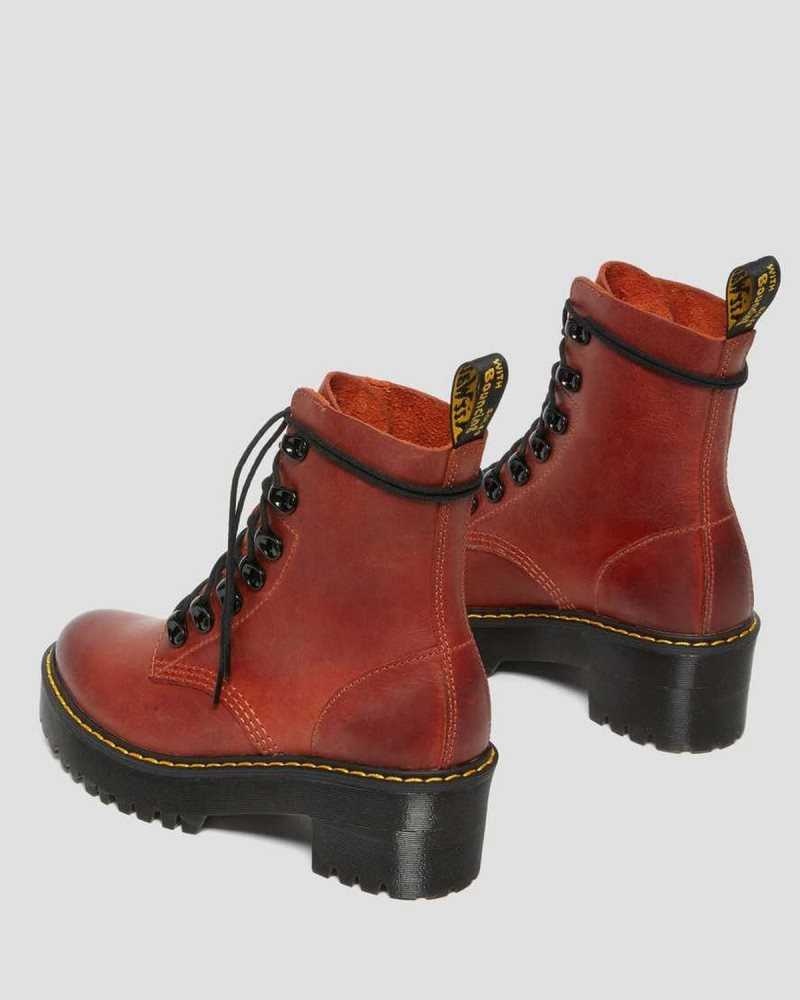 Dr Martens Leona Wyoming Leather Platform Heeled Boots Dark Red | 73CLYGKWB