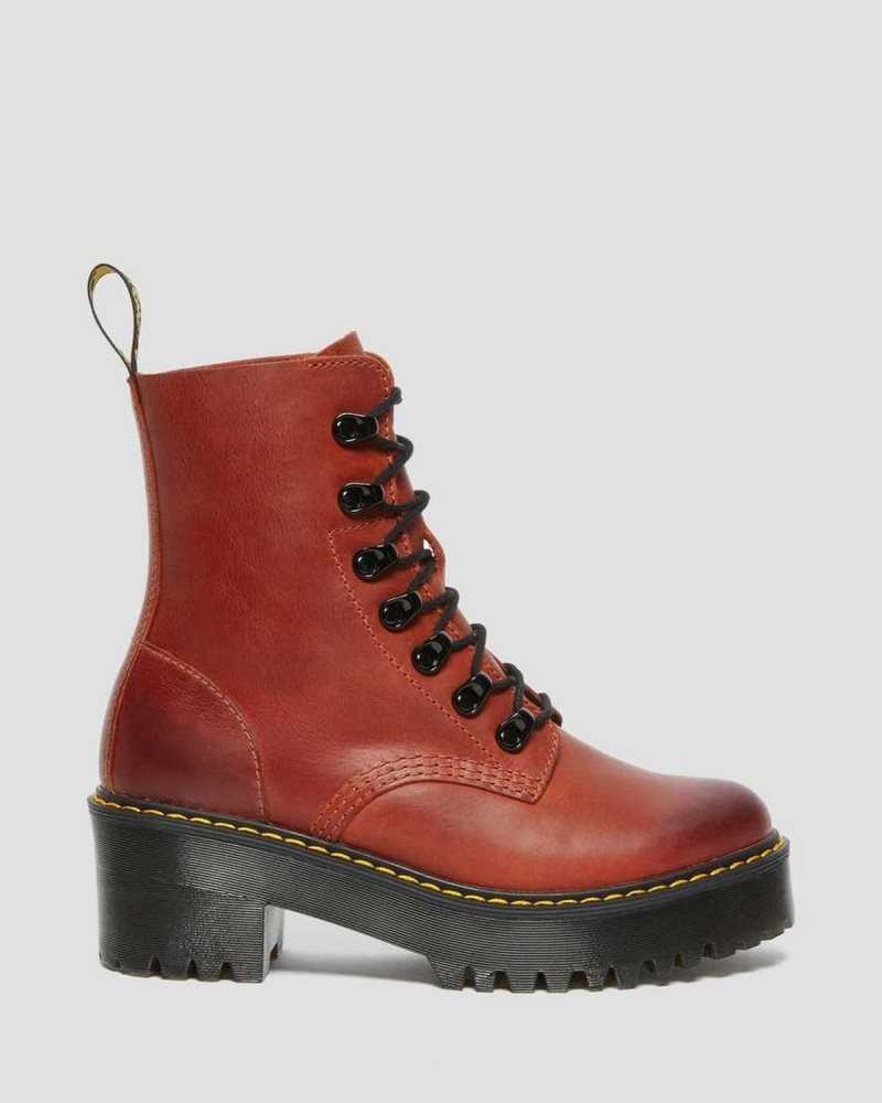 Dr Martens Leona Wyoming Leather Platform Heeled Boots Dark Red | 73CLYGKWB