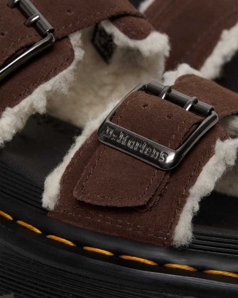 Dr Martens Myles Suede Fur-Lined Buckle Slide Sandals Dark Brown | 51YTCZVMF