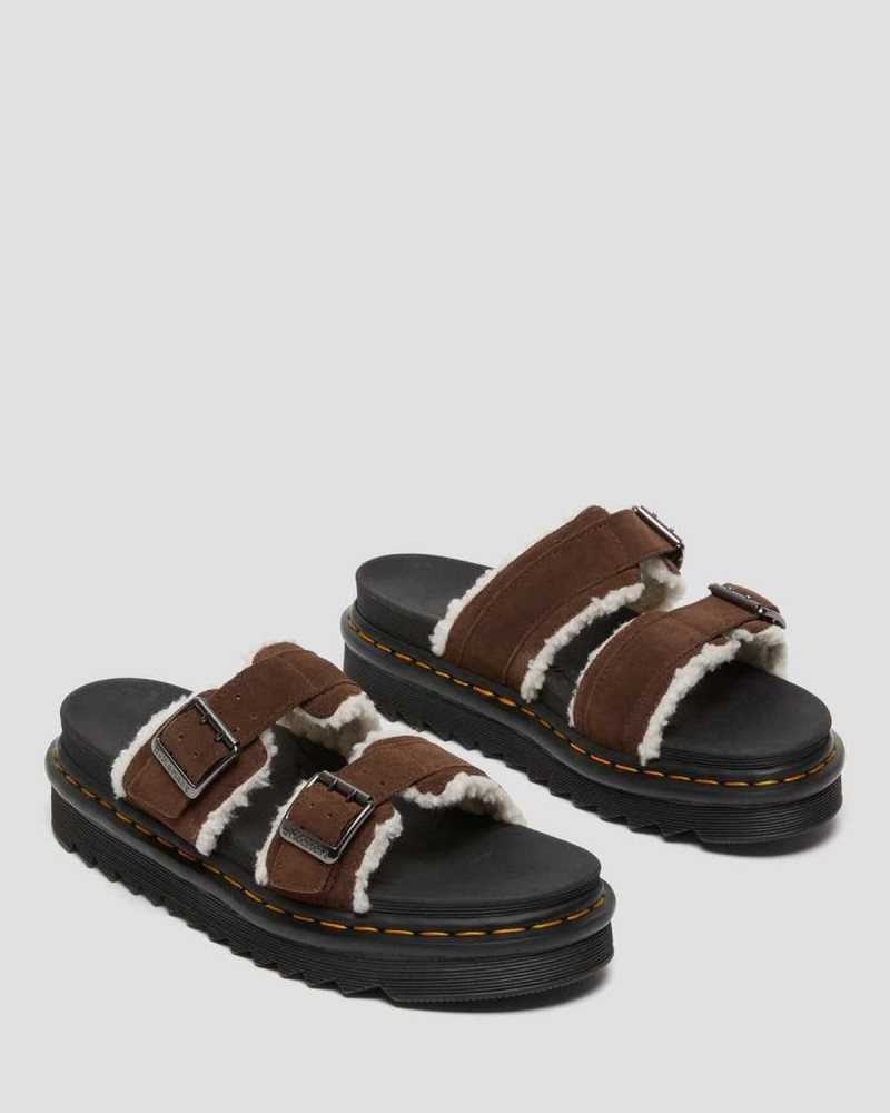 Dr Martens Myles Suede Fur-Lined Buckle Slide Sandals Dark Brown | 51YTCZVMF