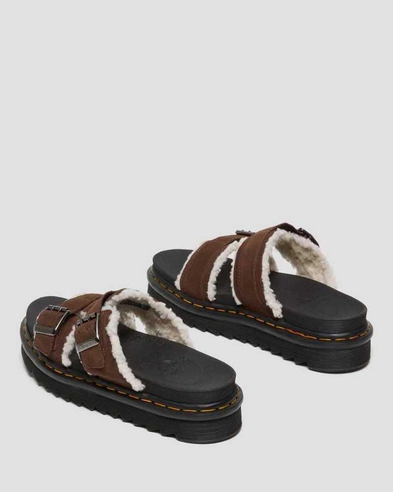 Dr Martens Myles Suede Fur-Lined Buckle Slide Sandals Dark Brown | 51YTCZVMF