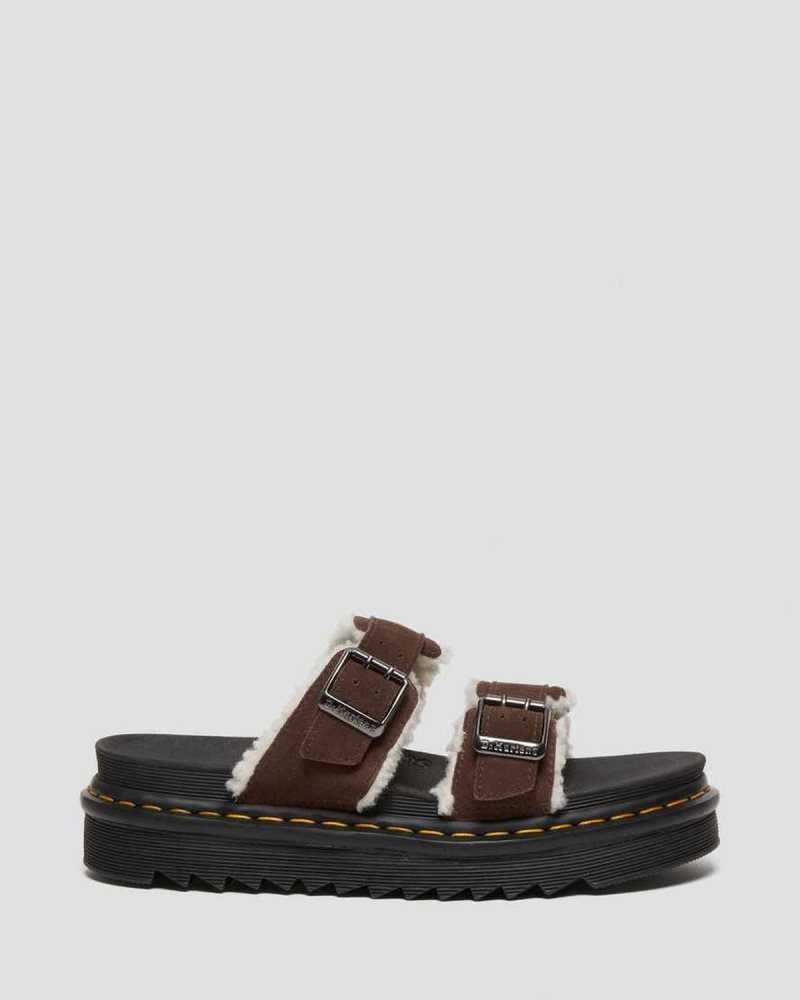 Dr Martens Myles Suede Fur-Lined Buckle Slide Sandals Dark Brown | 51YTCZVMF