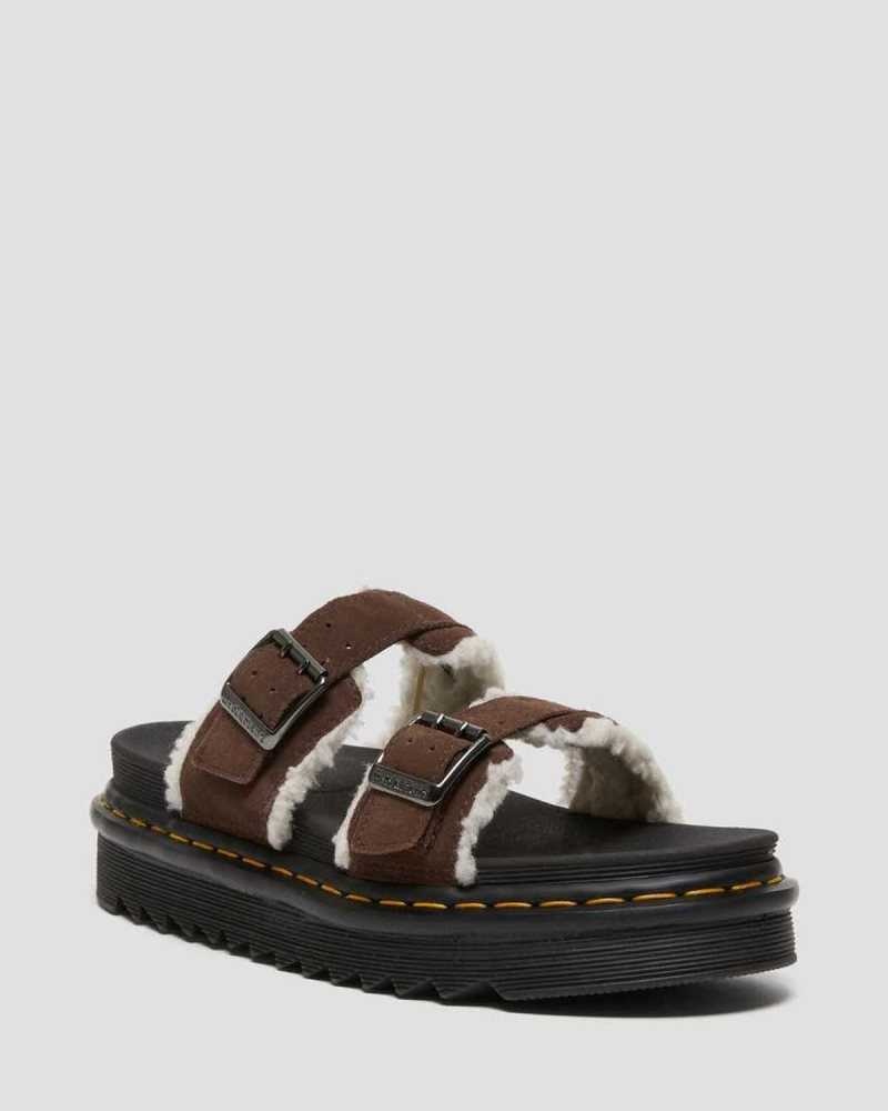 Dr Martens Myles Suede Fur-Lined Buckle Slide Sandals Dark Brown | 51YTCZVMF