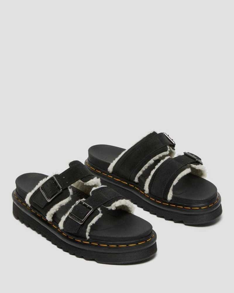 Dr Martens Myles Suede Fur-Lined Buckle Slide Sandals Black | 51HJKPIFT