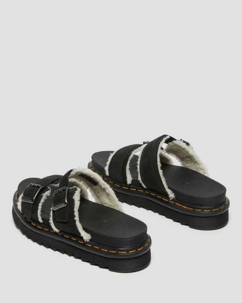 Dr Martens Myles Suede Fur-Lined Buckle Slide Sandals Black | 51HJKPIFT