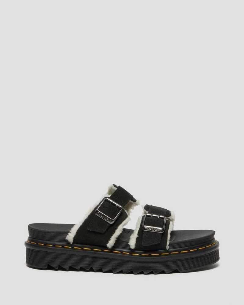 Dr Martens Myles Suede Fur-Lined Buckle Slide Sandals Black | 51HJKPIFT