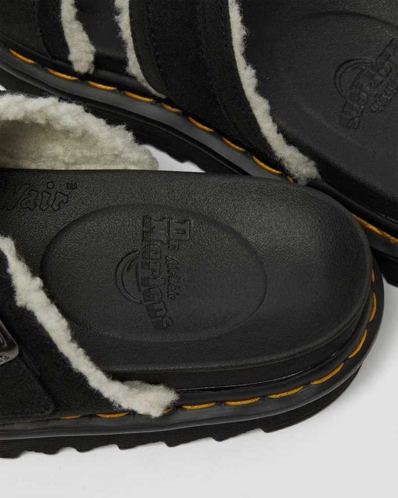 Dr Martens Myles Suede Fur-Lined Buckle Slide Sandals Black | 51HJKPIFT