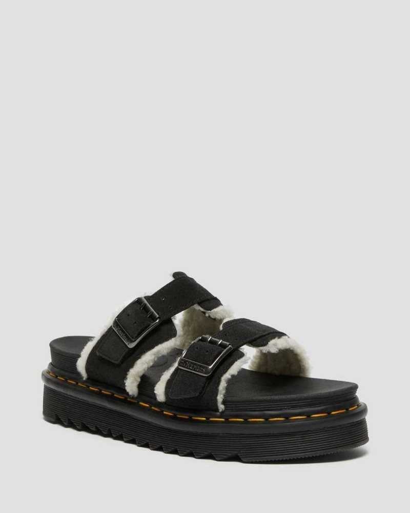 Dr Martens Myles Suede Fur-Lined Buckle Slide Sandals Black | 51HJKPIFT