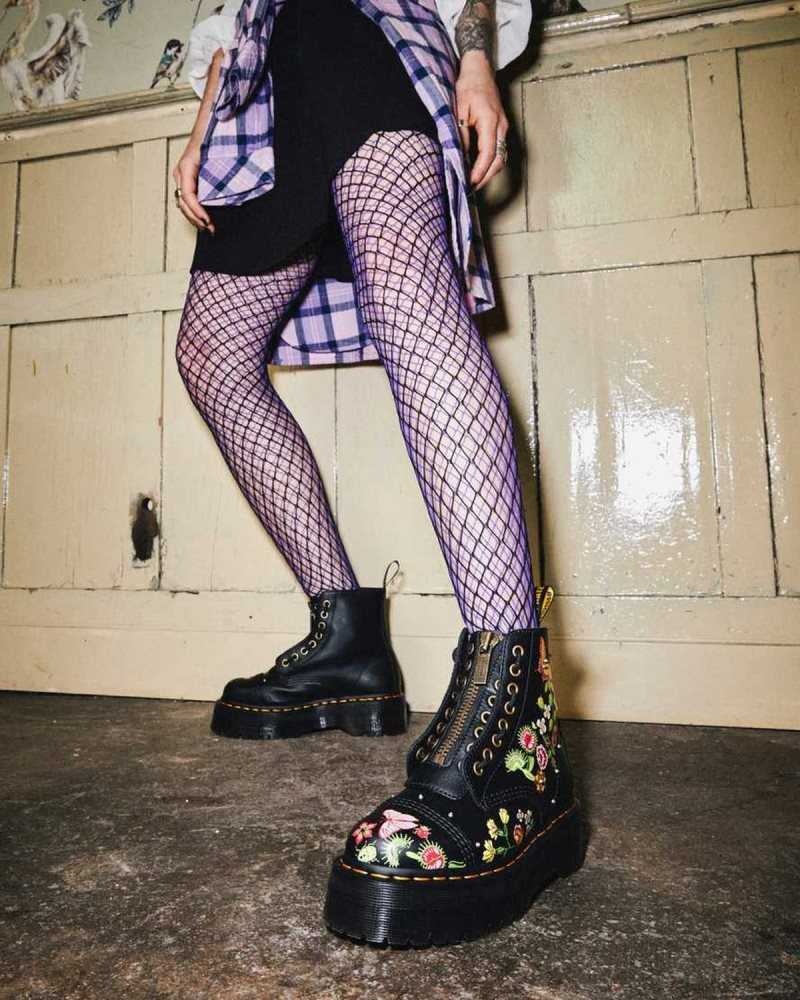 Dr Martens Sinclair Floral Bloom Leather Platform Boots Black / Multicolor | 60FYEPJCN