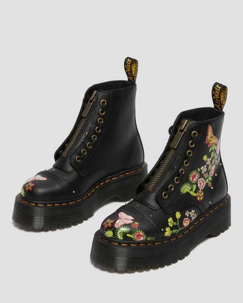 Dr Martens Sinclair Floral Bloom Leather Platform Boots Black / Multicolor | 60FYEPJCN