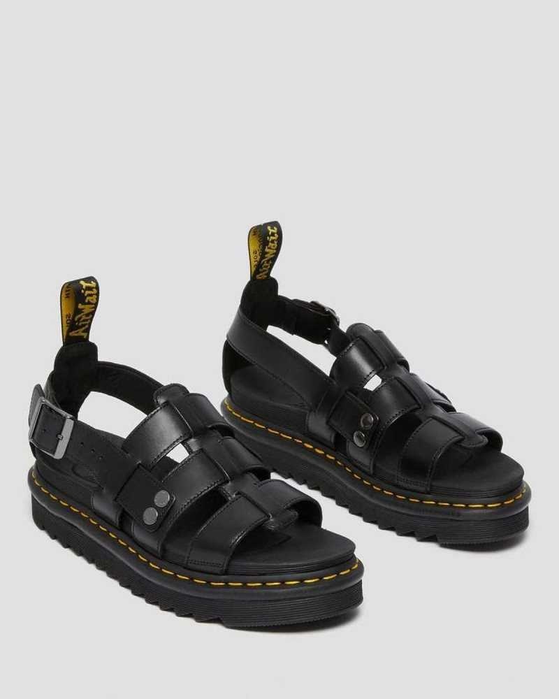 Dr Martens Terry Leather Strap Sandals Black | 06PJVNMYC