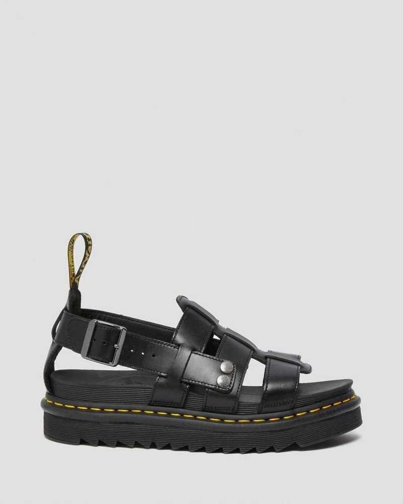 Dr Martens Terry Leather Strap Sandals Black | 06PJVNMYC