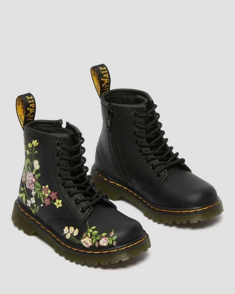 Dr Martens Toddler 1460 Floral Leather Lace Up Boots Black | 26KGSZJLD