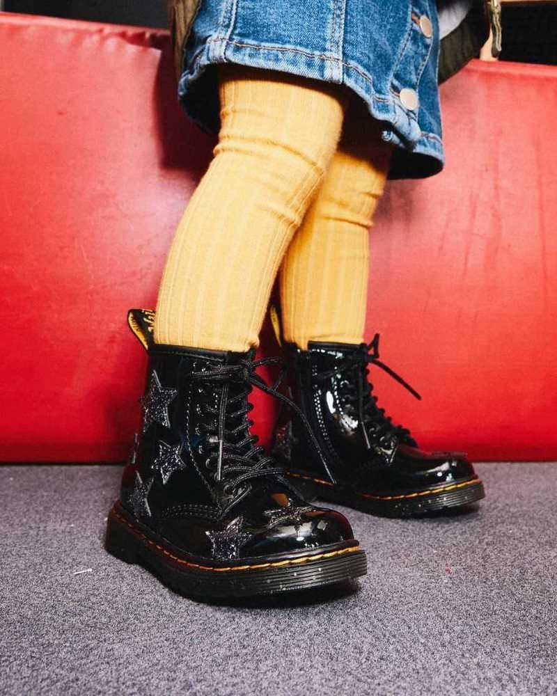 Dr Martens Toddler 1460 Glitter Star Patent Lace Up Boots Black | 28FBGIHRP