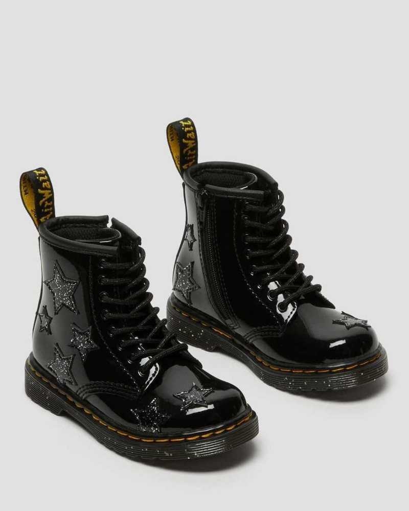 Dr Martens Toddler 1460 Glitter Star Patent Lace Up Boots Black | 28FBGIHRP