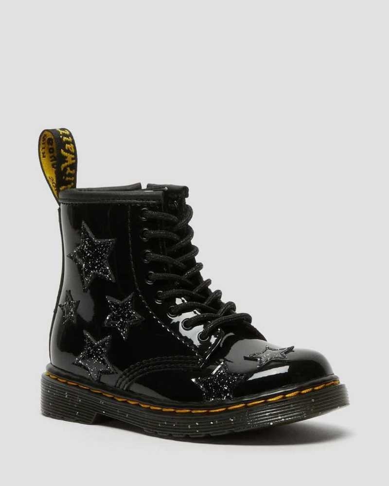 Dr Martens Toddler 1460 Glitter Star Patent Lace Up Boots Black | 28FBGIHRP