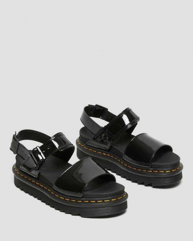 Dr Martens Voss Patent Leather Strap Sandals Black | 25MFGRSQY