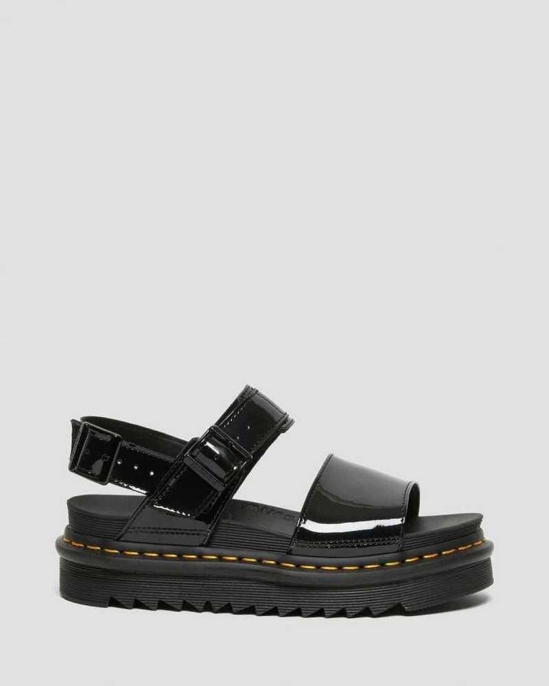 Dr Martens Voss Patent Leather Strap Sandals Black | 25MFGRSQY