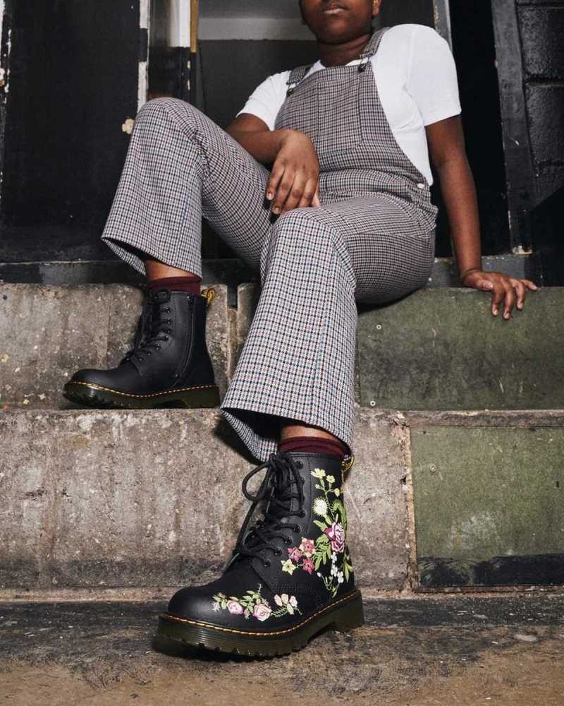 Dr Martens Youth 1460 Floral Leather Lace Up Boots Black | 61DUITRXL